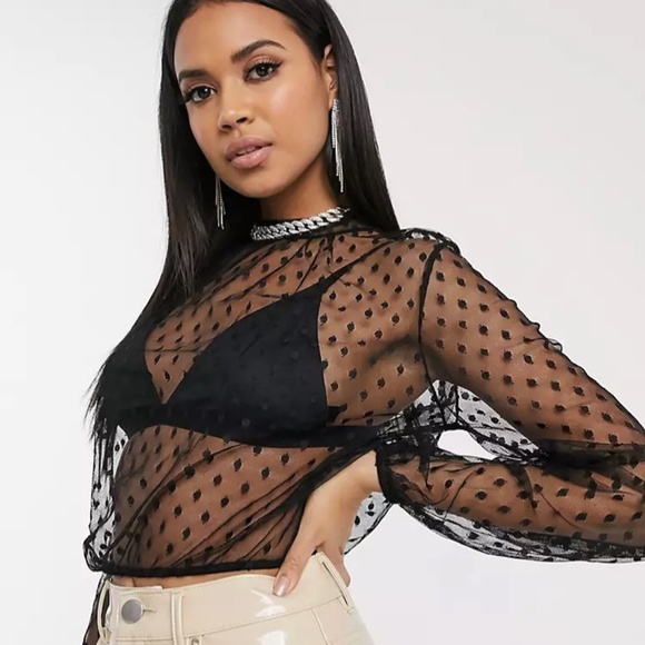 ASOS Femme Luxe Black Sheer Polka Dot Dotty Tulle Crop Top Bell Sleeves NWT